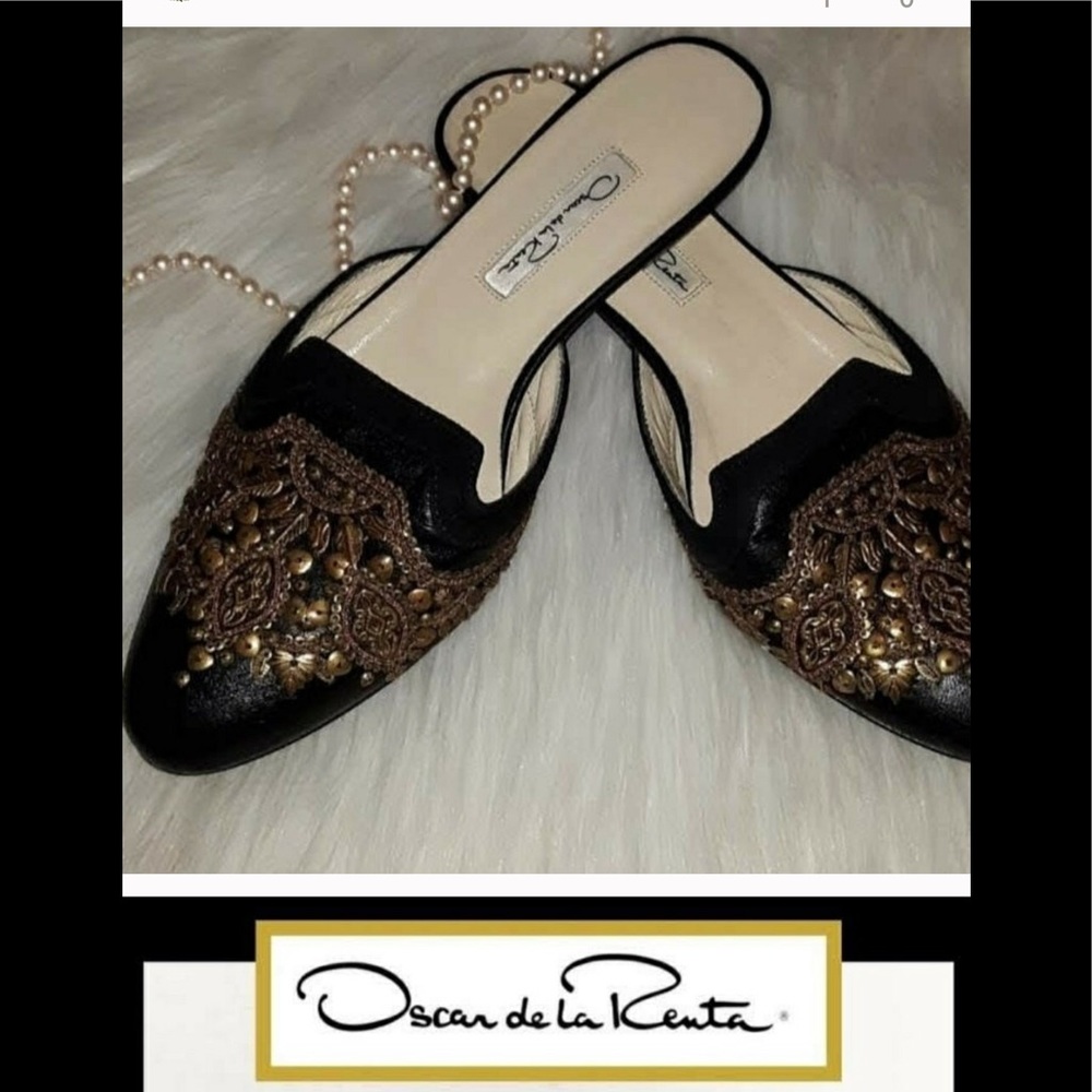 New Oscar de la Renta black/gold embellished mules